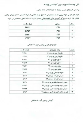 راهنمای انتخاب واحد گروه های درسی دانشجویان کارشناسی پیوسته