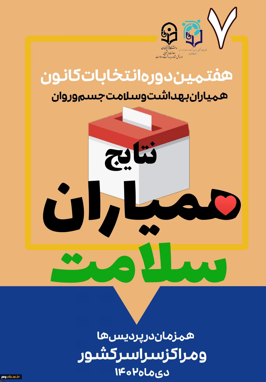 اعلام نتایج برگزاری هفتمین دوره انتخابات شورای مرکزی کانون دانشجویی همیاران بهداشت و سلامت جسم و روان پردیس آیت الله طالقانی(ره) 2